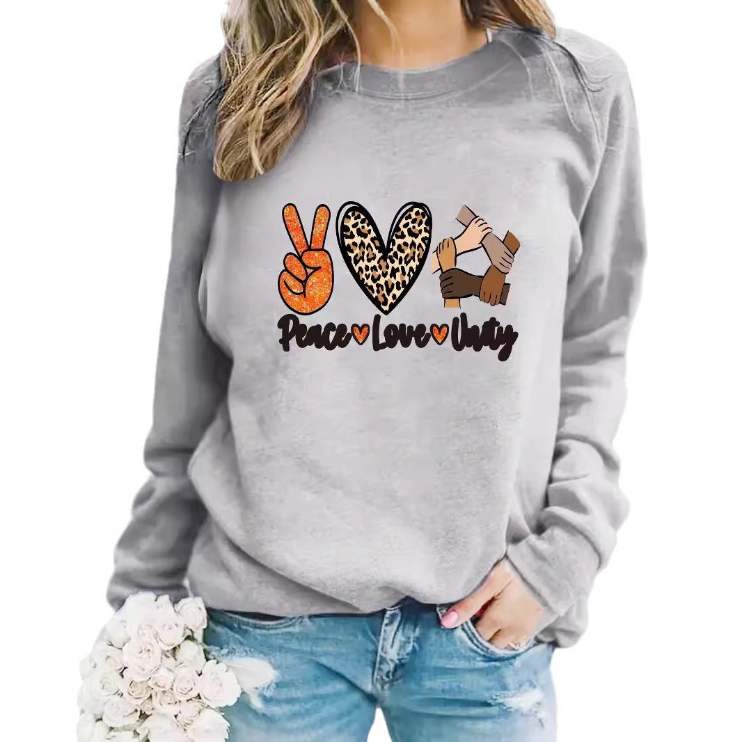 Damen Sweatshirt mit kreativem Peace, Love & Unity Motiv Drune