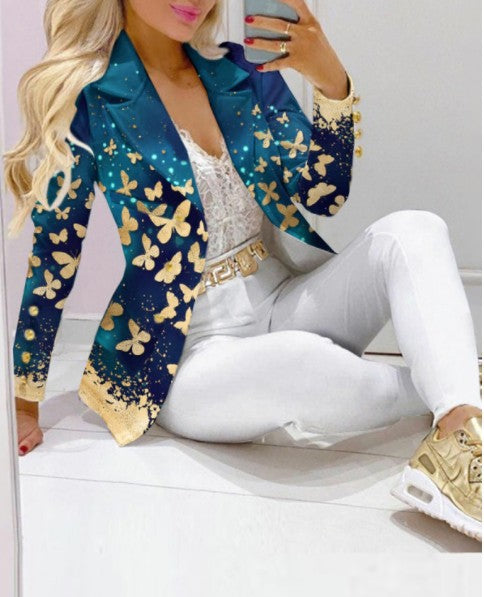 Damen Zweiteiliges Blazer-und-Hose-Set mit Schmetterlingsprint und glamourösem Glitzereffekt Drune