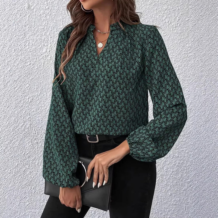 Damen Gemusterte Viskose-Bluse mit Stehkragen und Ballonärmeln Drune