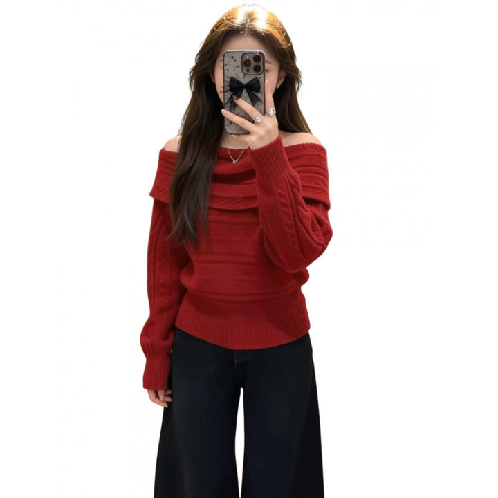 Damen Off-Shoulder Strickpullover mit Rippstruktur Drune