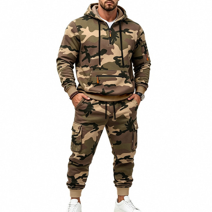 Herren Zweiteiliges Camouflage-Trainingsanzug-Set mit Kapuzen-Sweatshirt und Cargo-Joggern Drune
