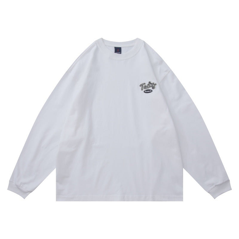 Unisex Oversize-Langarmshirt aus Baumwollmischung mit Bruststickerei und geripptem Rundhals Drune