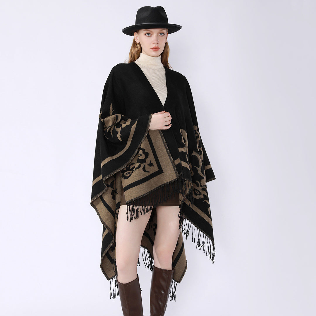Damen Umhangponcho mit floralen Jacquard-Panels und Fransensaum Drune