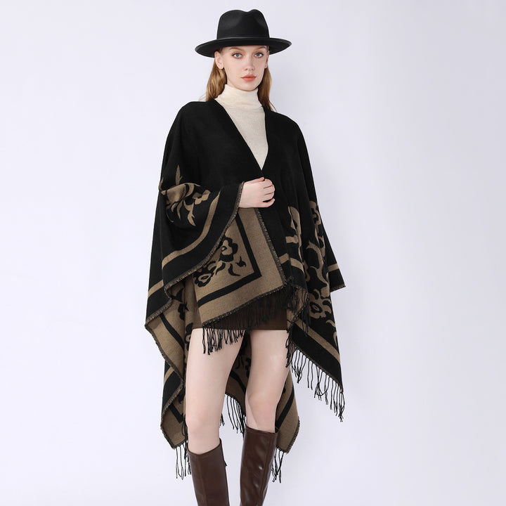 Damen Umhangponcho mit floralen Jacquard-Panels und Fransensaum Drune