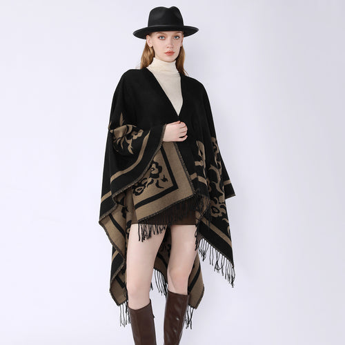 Damen Umhangponcho mit floralen Jacquard-Panels und Fransensaum Drune