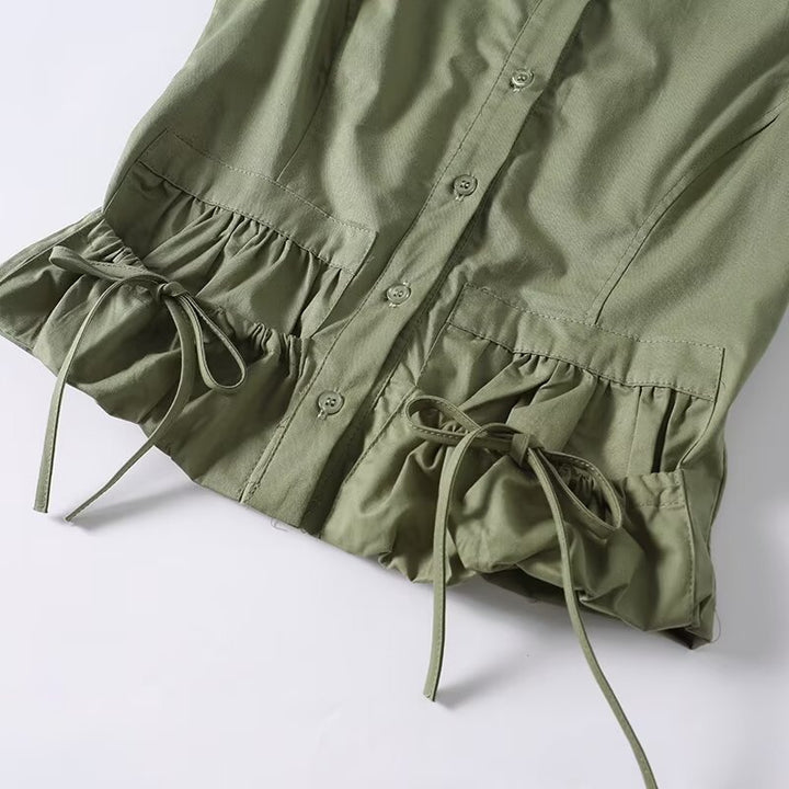 Damen Kurzarmbluse mit eleganter Raffung und praktischen Taschen Drune