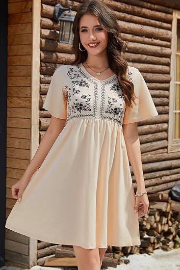 Damen Besticktes Empire-Kleid mit V-Ausschnitt, Kurzärmeln und ausgestelltem Rock Drune