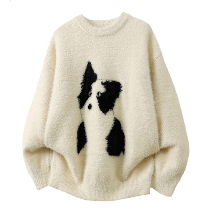 Damen Gemütlicher Grobstrickpullover mit Hundemotiv Drune