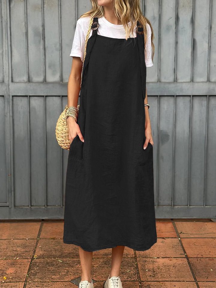 Damen lässiges Leinenkleid mit praktischen Taschen und verstellbaren Trägern Drune