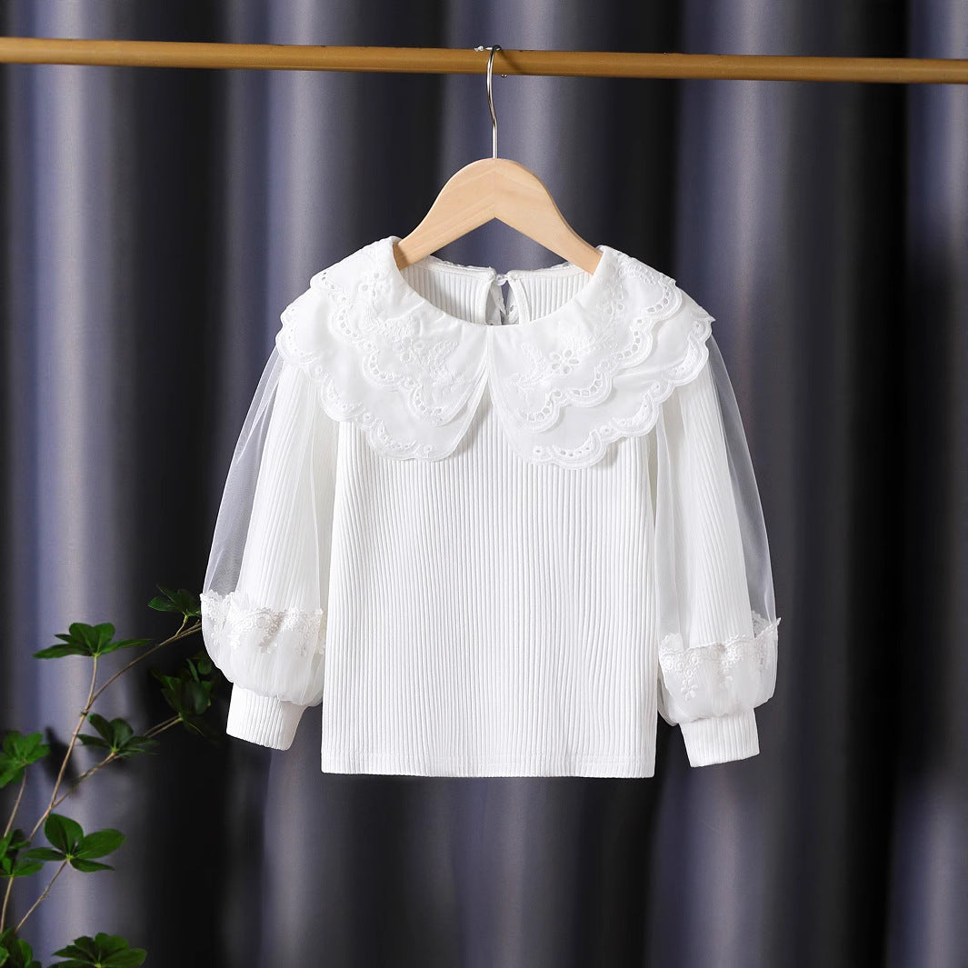 Mädchen modische Bluse mit elegantem Spitzenkragen und Tüllärmeln Drune