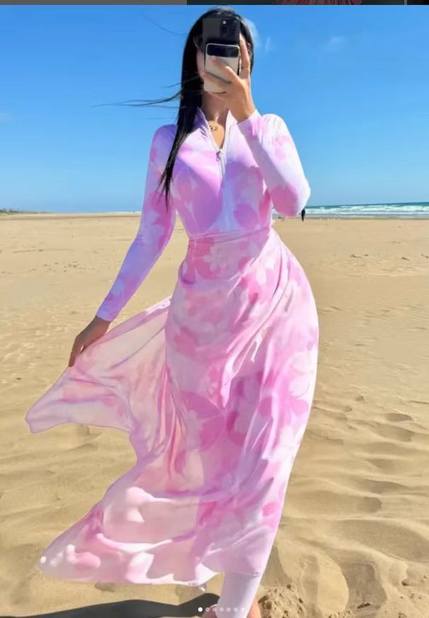 Damen Strandkleid mit Reißverschluss und langen Ärmeln Drune