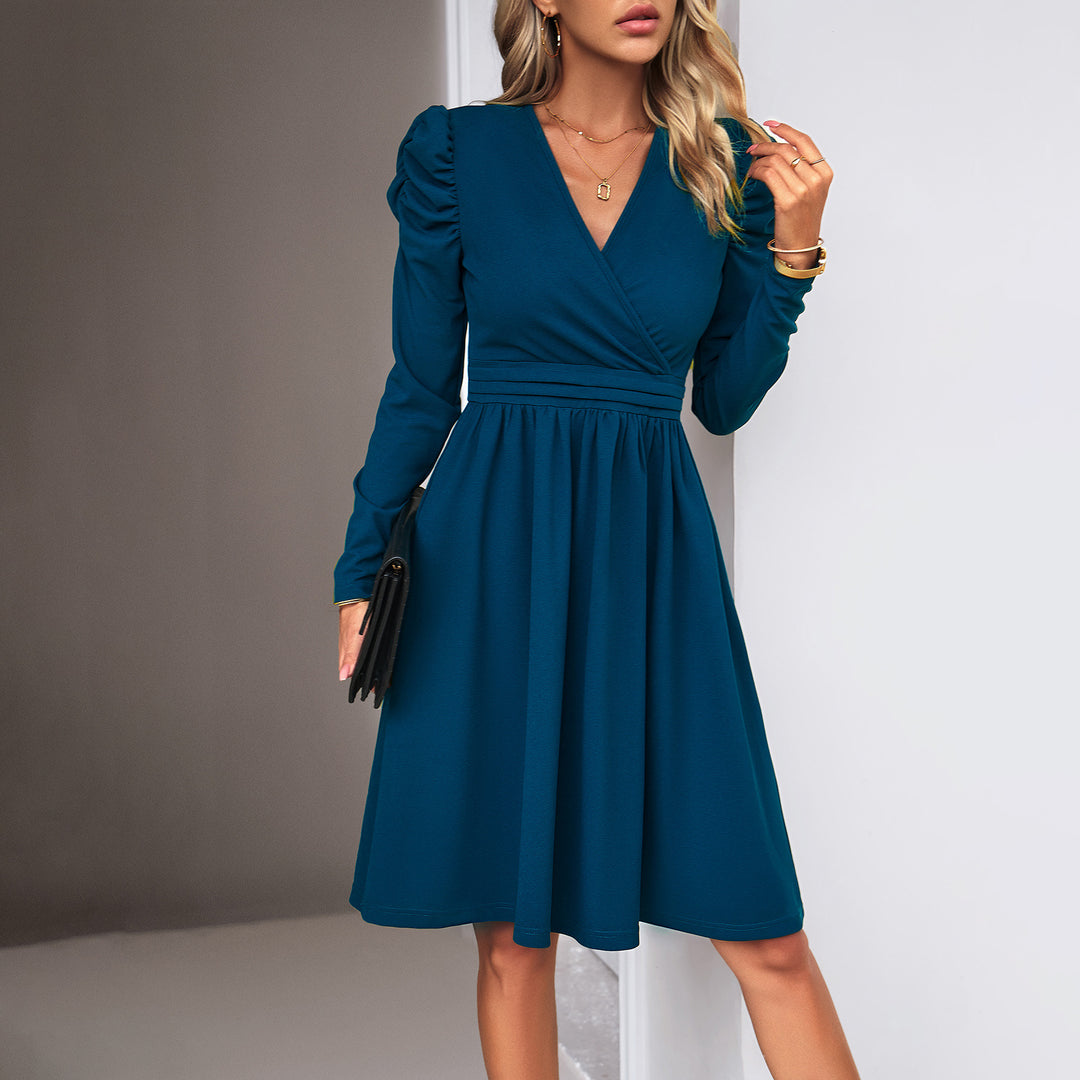 Damen nan Wickel-Midikleid mit Puffärmeln, betonter Taillenpasse und weit schwingendem Rock Drune