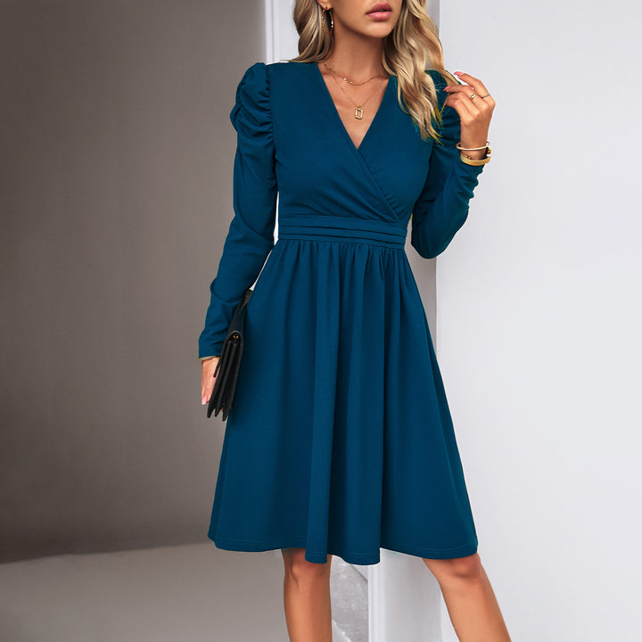 Damen nan Wickel-Midikleid mit Puffärmeln, betonter Taillenpasse und weit schwingendem Rock Drune