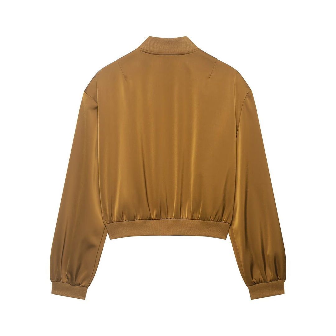 Damen Cropped Satin-Bomberjacke mit Reißverschluss, Pattentaschen und Rippbündchen Drune