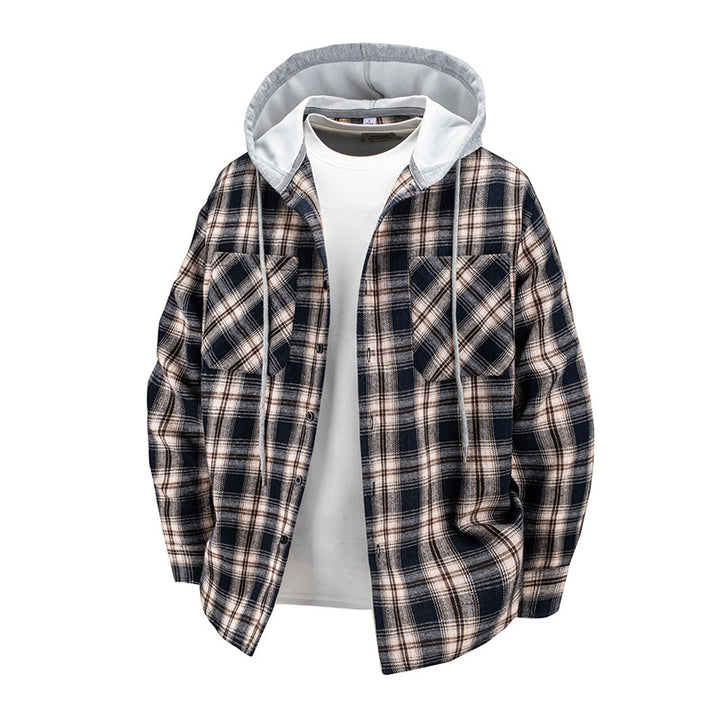 Herren -Layered-Flanell-Overshirt mit angenähter Kapuze und Brusttaschen Drune