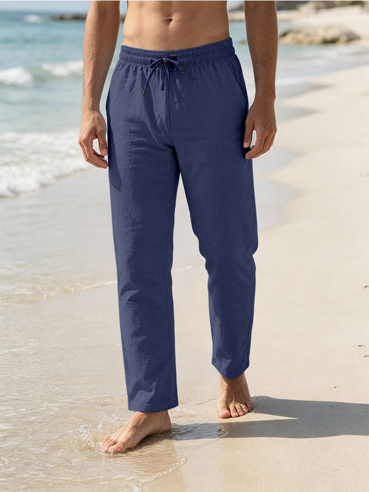 Herren Leichte Leinen-Baumwoll-Hose mit Tunnelzug, elastischem Bund und geradem Schnitt Drune