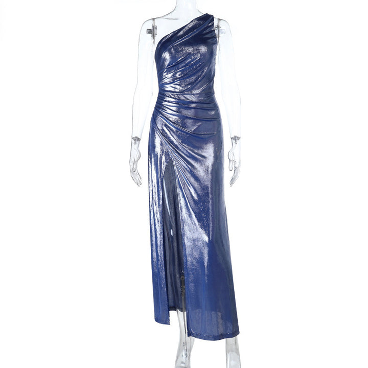 Damen elegantes Maxikleid mit asymmetrischem Design und schimmerndem Obermaterial Drune