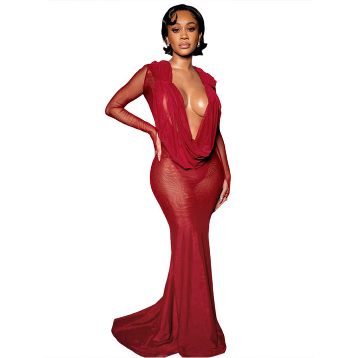 Damen Elegantes lange Kleid mit tiefem V-Ausschnitt und Raffungen Drune