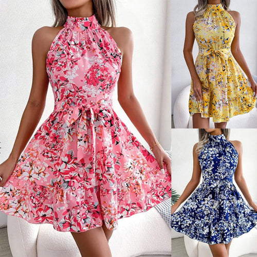 Damen Halterkleid mit floralen Mustern und voluminösem Rock Drune