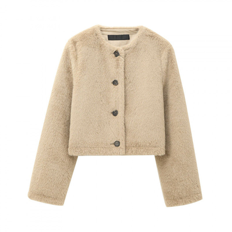 Damen Cropped Teddy‑Jacke mit geradem Saum, Rundhals und Hornknopfverschluss Drune