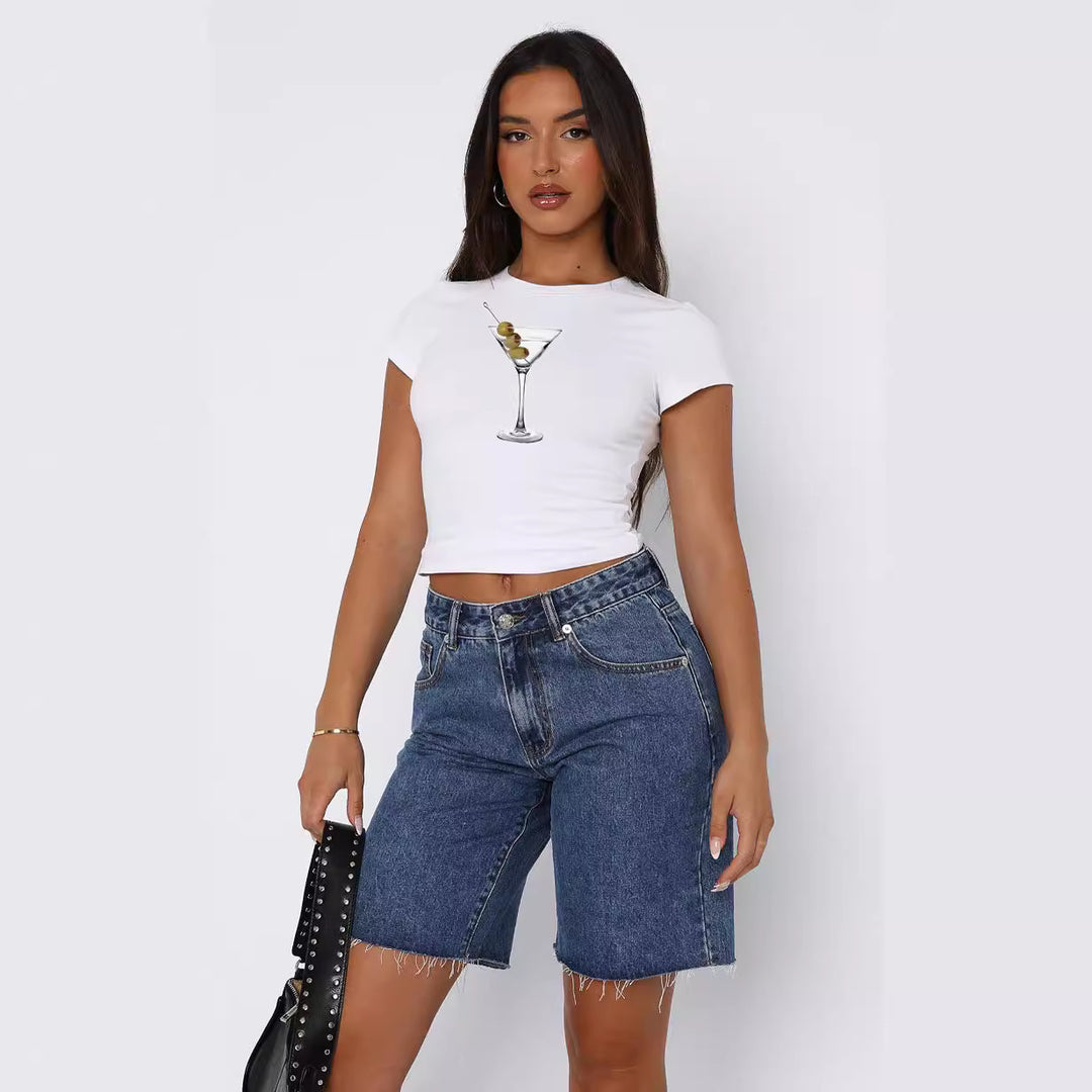 Damen Kurzarm Crop-Top mit fruchtigem Motiv und figurbetontem Schnitt Drune