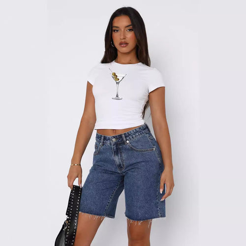 Damen Kurzarm Crop-Top mit fruchtigem Motiv und figurbetontem Schnitt Drune