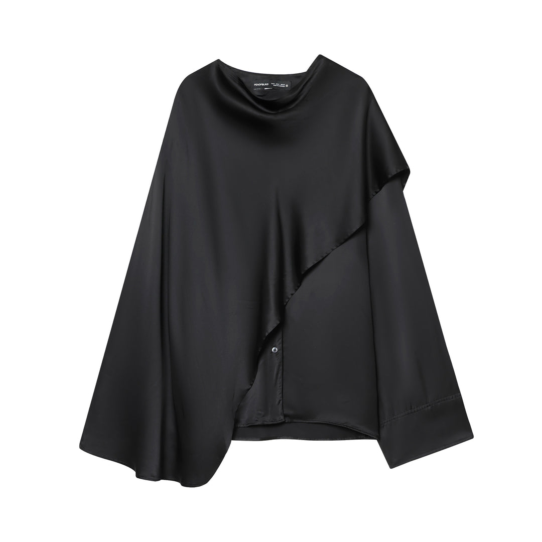 Damen nan asymmetrische Satin-Bluse mit Cascading-Volant und Rundhals Drune