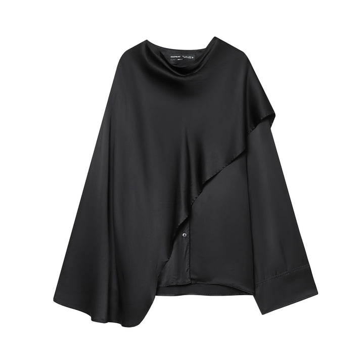 Damen nan asymmetrische Satin-Bluse mit Cascading-Volant und Rundhals Drune