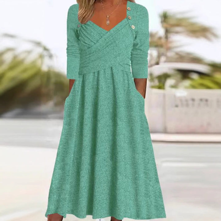 Damen nan legeres Strick-Maxikleid mit Wickeloberteil V-Ausschnitt Eingrifftaschen und Zierknopfleiste Drune