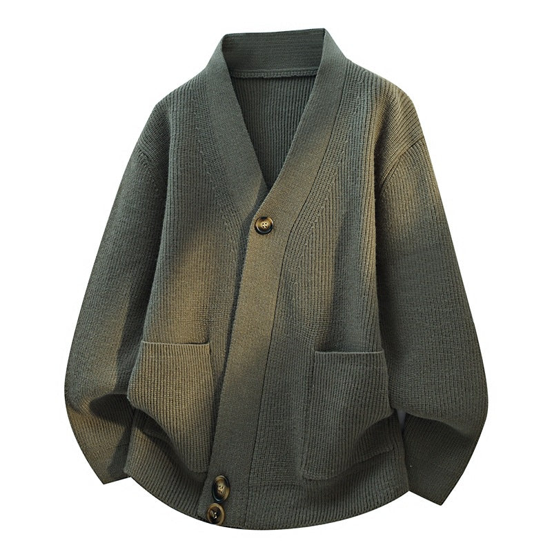 Damen Oversize-Strickjacke mit großem V-Ausschnitt, aufgesetzten Taschen & Holzknöpfen Drune