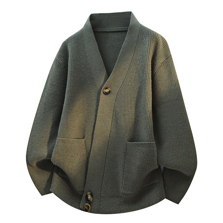 Damen Oversize-Strickjacke mit großem V-Ausschnitt, aufgesetzten Taschen & Holzknöpfen Drune