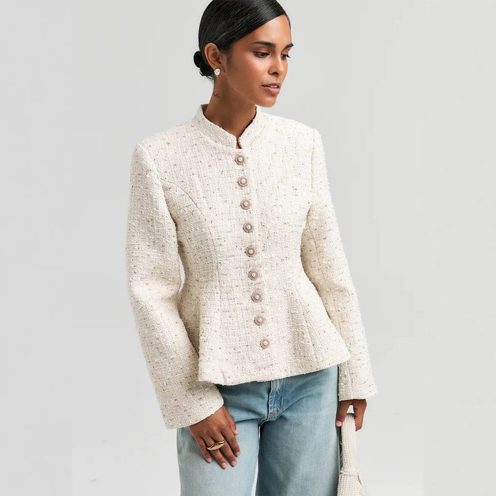 Damen Bouclé-Blazer mit Stehkragen und taillierter Schößchen-Silhouette Drune