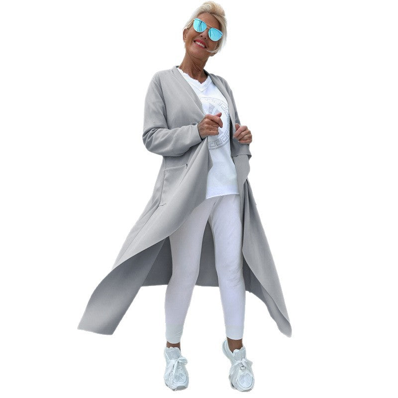 Damen Langer Fließender Longcardigan mit Wasserfall-Saum und Eingrifftaschen Drune