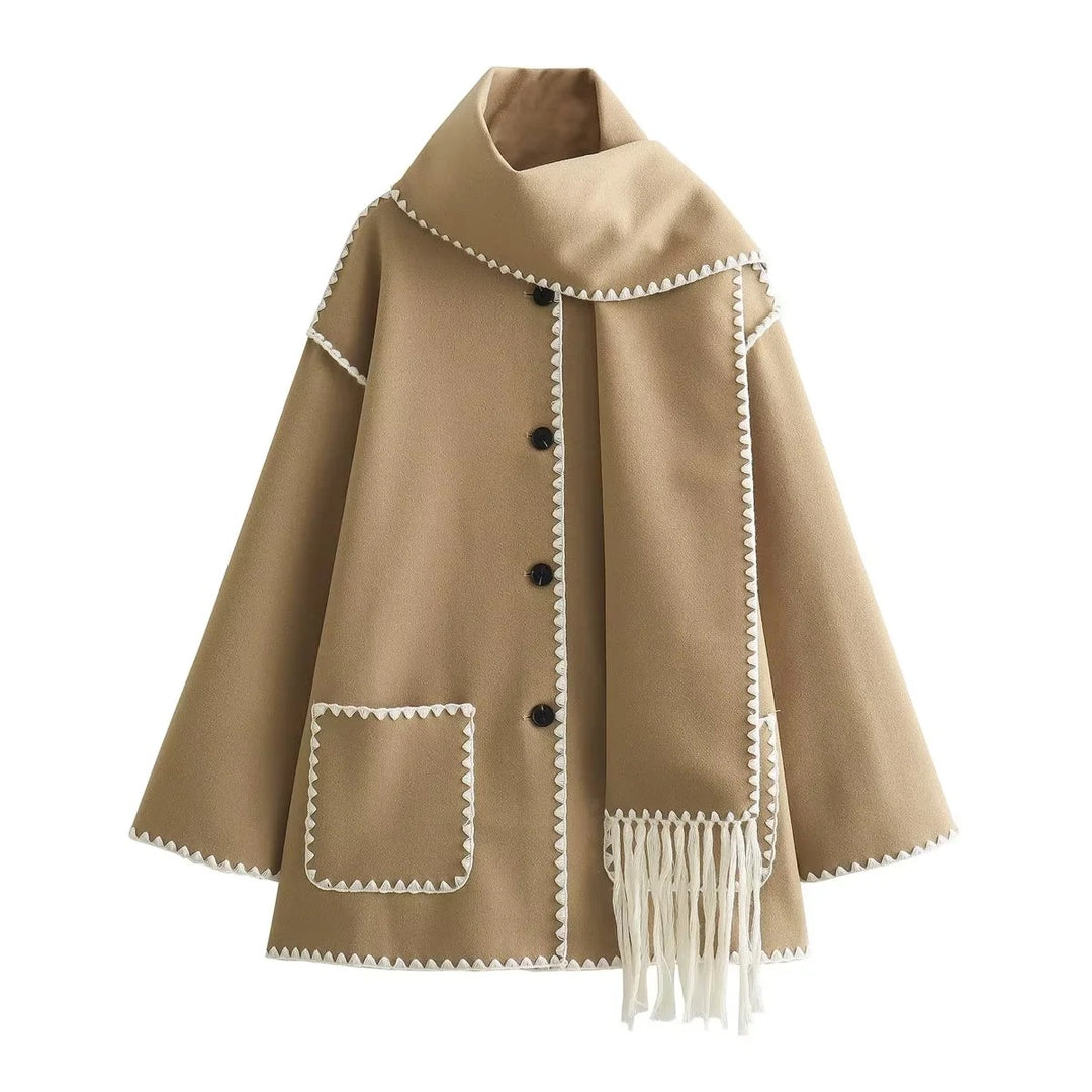 Damen Cape-Mantel mit angesetztem Fransen-Schal und Zier-Zickzacknaht Drune