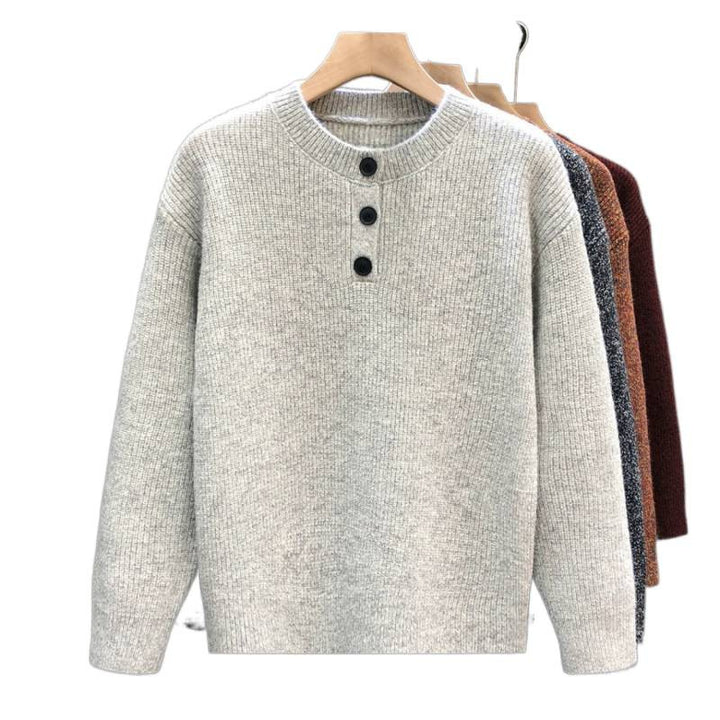 Herren Komfortabler Rippstrick-Halbknopfpullover mit Rundhalsausschnitt und legerer Passform Drune