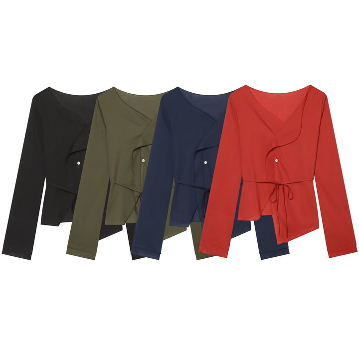 Damen Asymmetrische Wickelbluse mit Volantkante und Taillengürtel Drune