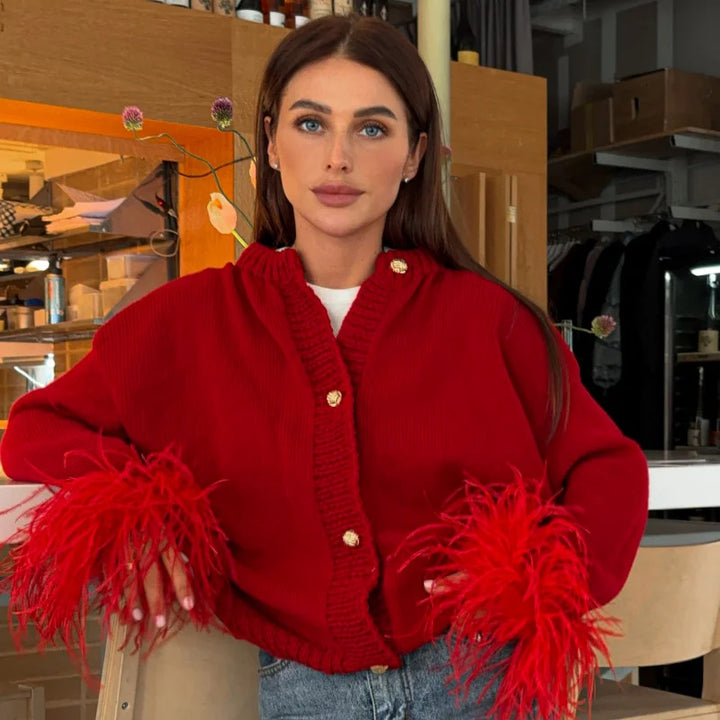 Damen Schicke Strickjacke mit auffälligen Federärmeln Drune