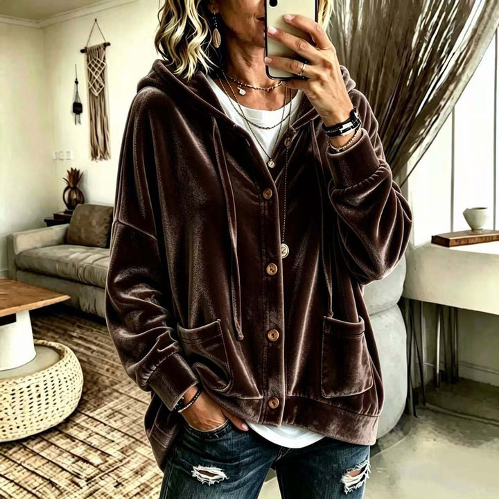 Damen Oversize Kapuzen-Samtjacke mit Knopfleiste und aufgesetzten Taschen Drune
