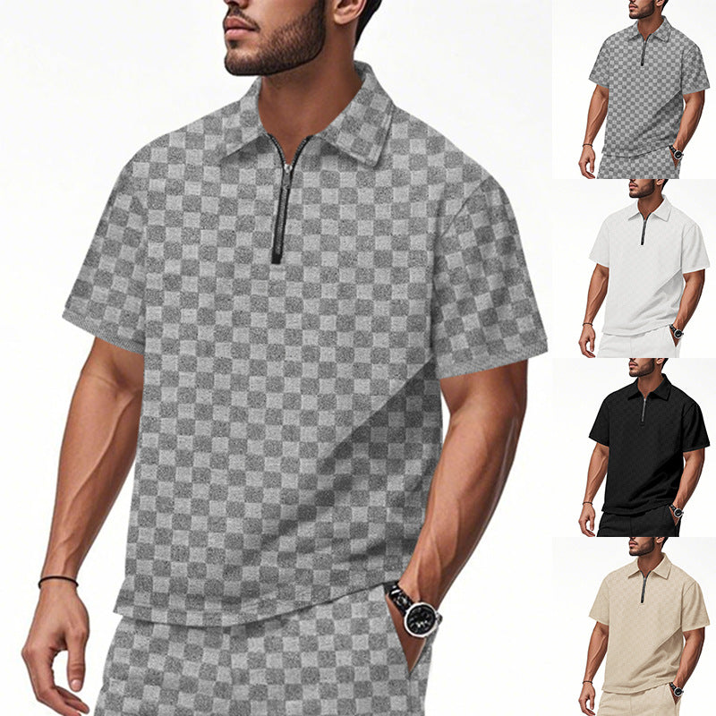 Herren nan kurzes Halbzip-Poloshirt aus strukturierter Waffelpiqué mit Hemdkragen und figurbetonter Passform Drune