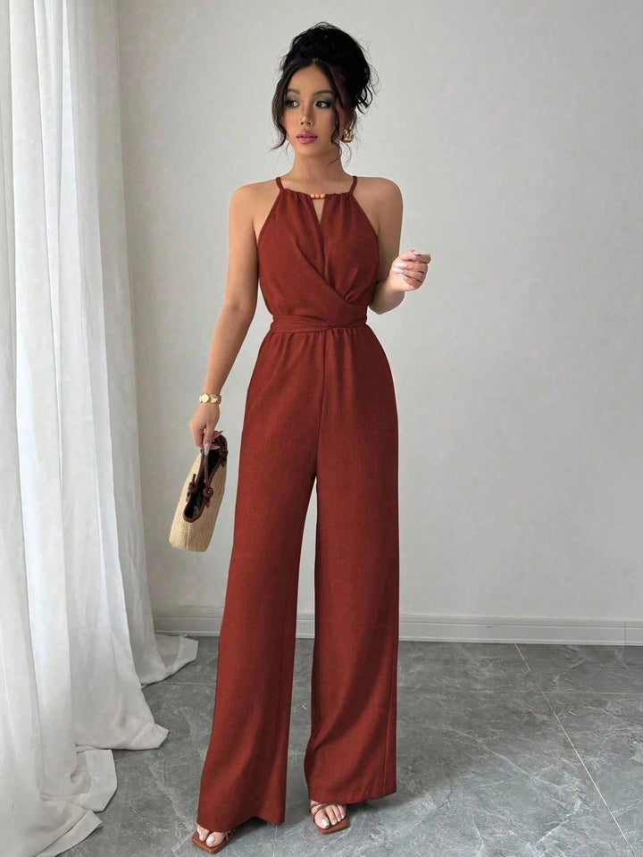 Damen Ärmelloser Neckholder-Jumpsuit mit Wickeloberteil und weitem Bein Drune