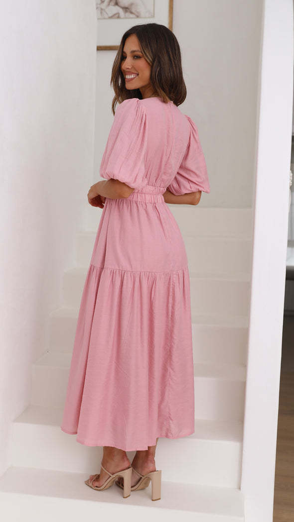 Damen Maxikleid mit weiten Puffärmeln und elastischem Taillenzug Drune