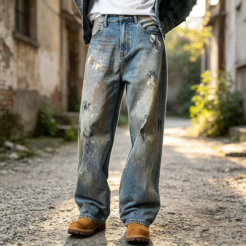 Herren Weite Denim-Jeans im Used-Look Drune