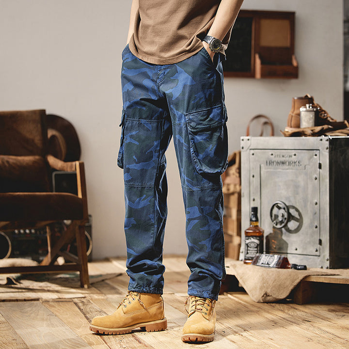 Herren Camouflage-Utility-Cargohose mit Mehrfachklappentaschen, Kniepaneelen und Kordelabschluss Drune