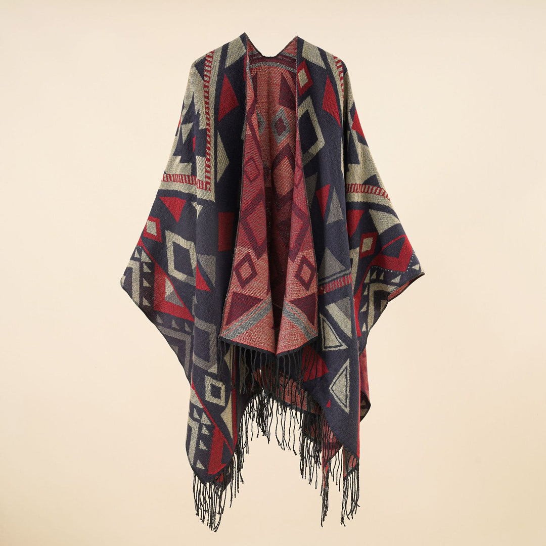 Damen Gewebter Ruana-Umhang aus Wollmix mit grafischem Ethno-Jacquard und langen Fransen Drune