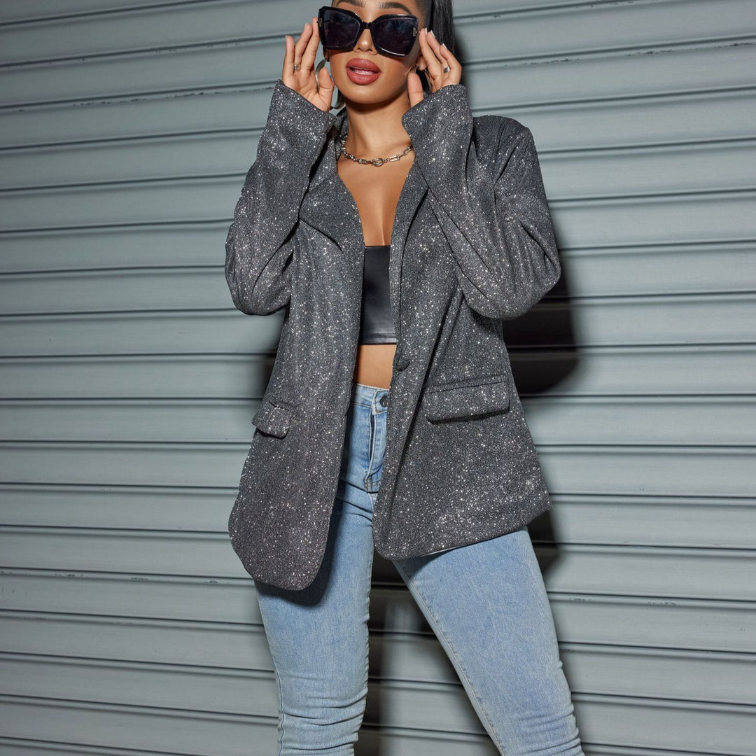 Damen Glitzernder Oversize-Blazer mit Pattentaschen & schimmernder Struktur Drune