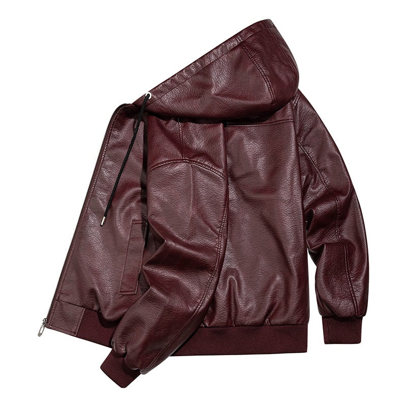 Herren Lässige Lederjacke mit Kapuze Drune