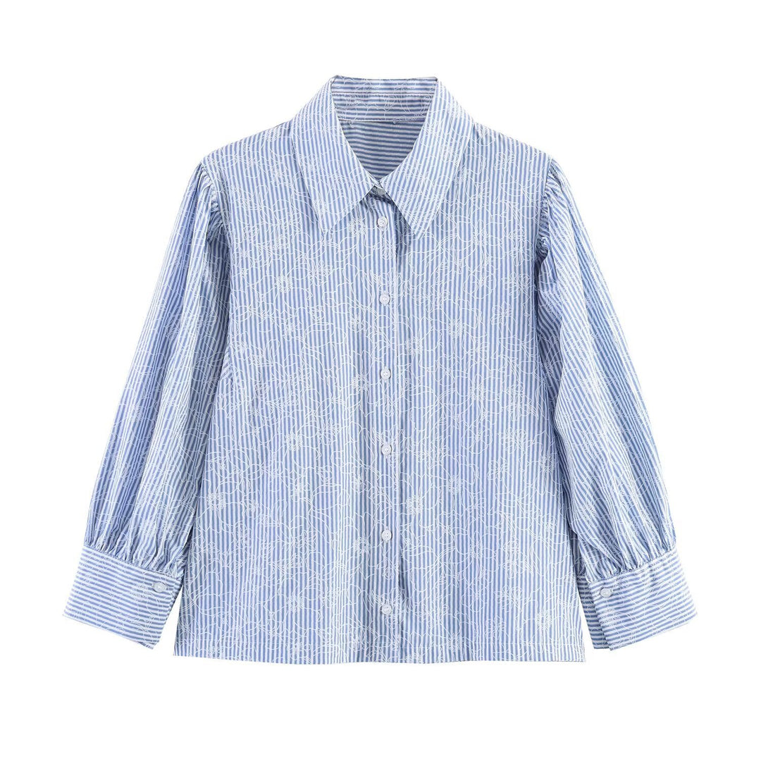 Damen Gestreifte Baumwollbluse mit Puffärmeln und Tonaler Stickerei Drune