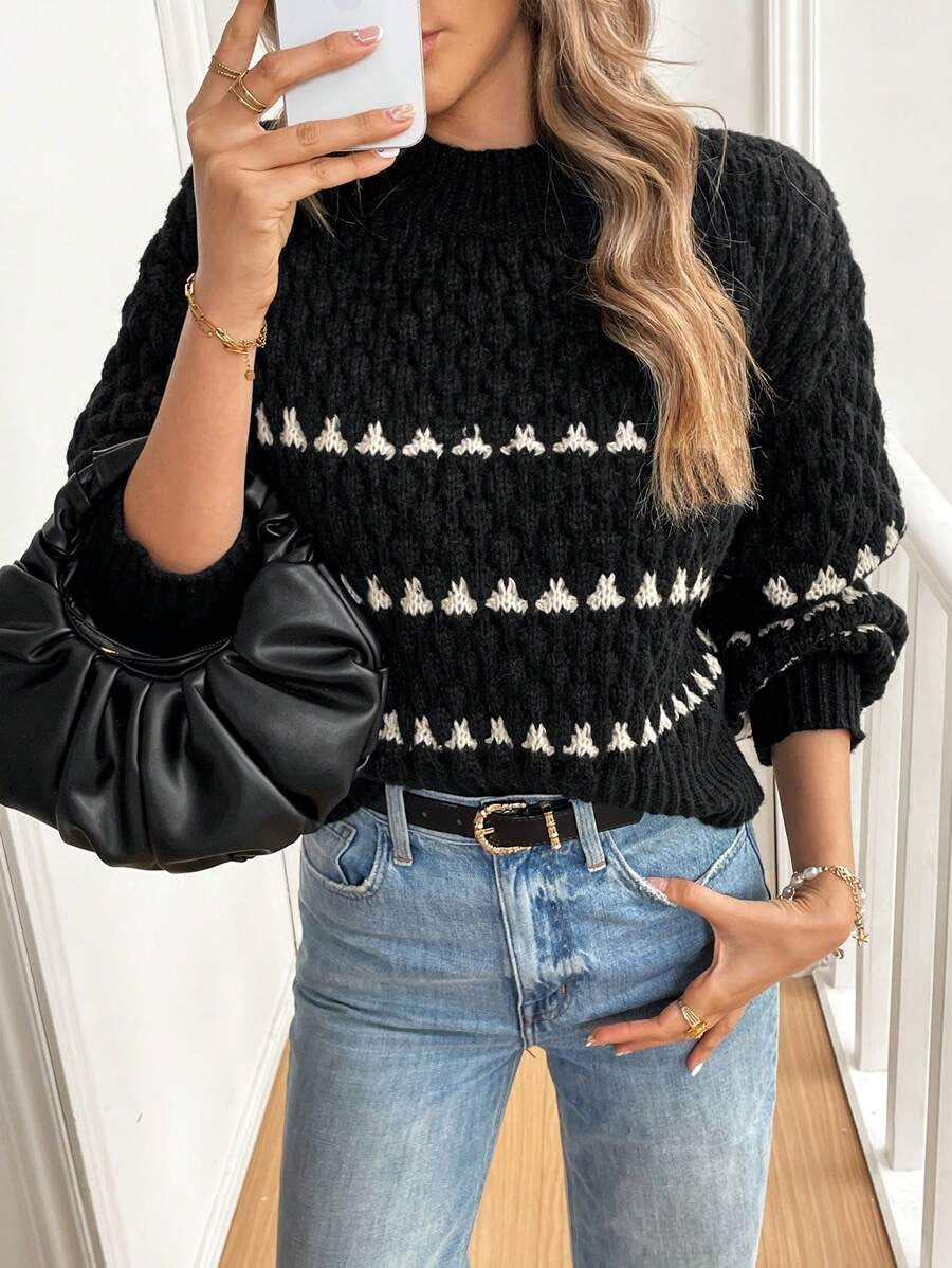 Damen Strickpullover mit strukturiertem Muster und hohem Kragen Drune