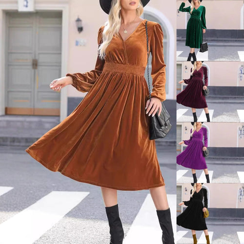 Damen Midikleid aus Samt mit V-Ausschnitt, geraffter Smock-Taille und langen Ballonärmeln Drune