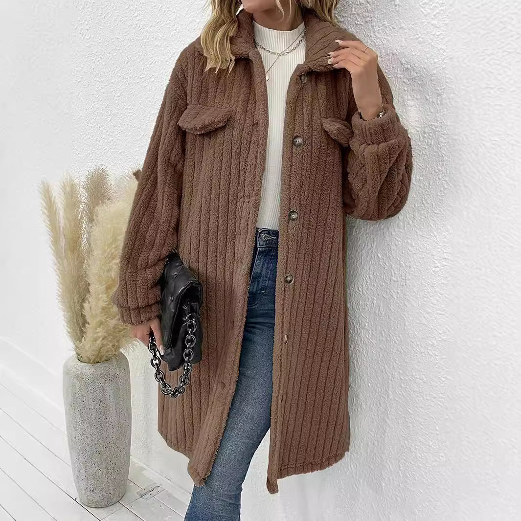 Damen nan langer Teddy-Mantel mit Schalkragen und aufgesetzten Brusttaschen Drune